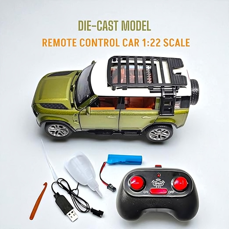 Remote Control Metal Diecast Defender Car with SmokeEffect,Light and OpenableDoors 1:22(Black,Silver,NavyGreen)
